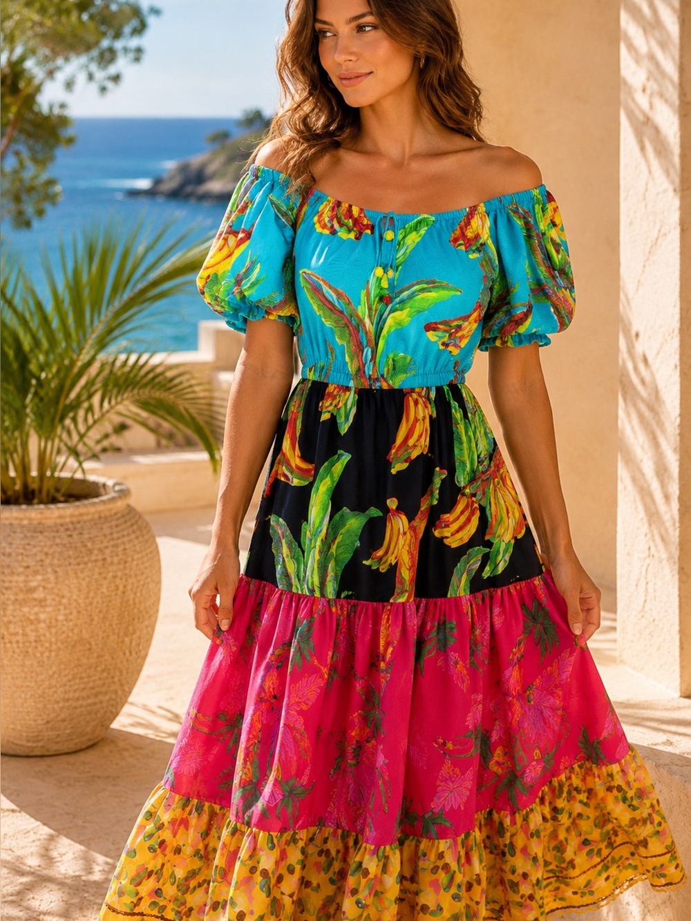 FARM Rio Tropical Banana Print Off Shoulder Tiered Maxi Dress S